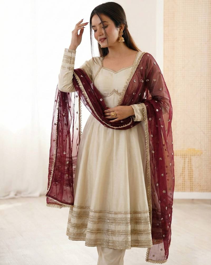 Heavy georgette and heavy embroidery sequence  work off white readymade ethnic gown