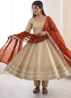 Heavy georgette and heavy embroidery sequence  work cream readymade ethnic gown 1