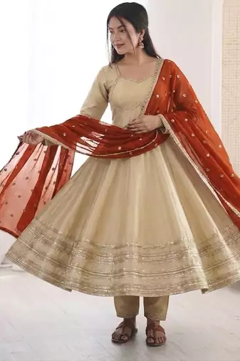 Heavy georgette and heavy embroidery sequence  work cream readymade ethnic gown