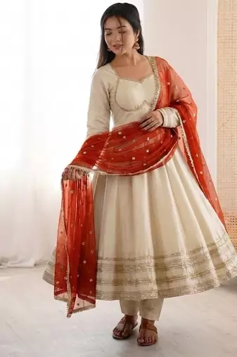 Heavy georgette and heavy embroidery sequence  work cream readymade ethnic gown