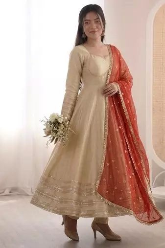 Heavy georgette and heavy embroidery sequence  work cream readymade ethnic gown