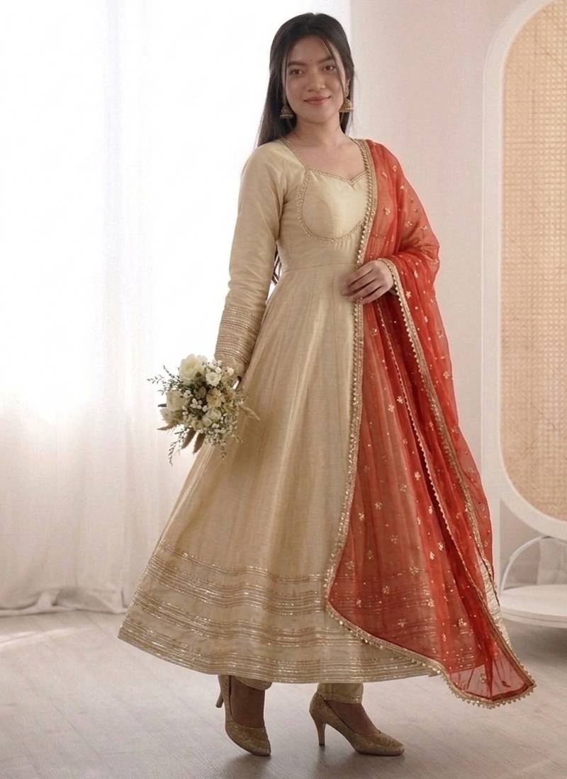Heavy georgette and heavy embroidery sequence  work cream readymade ethnic gown