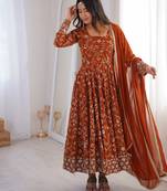 Heavy faux georgette and heavy embroidery sequence  work rust readymade ethnic gown