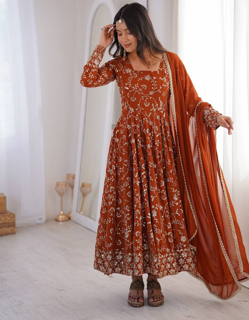 Heavy faux georgette and heavy embroidery sequence  work rust readymade ethnic gown