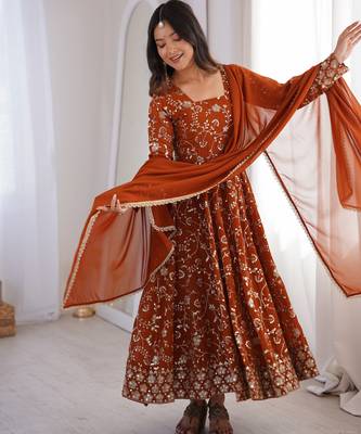 Heavy faux georgette and heavy embroidery sequence  work rust readymade ethnic gown 2