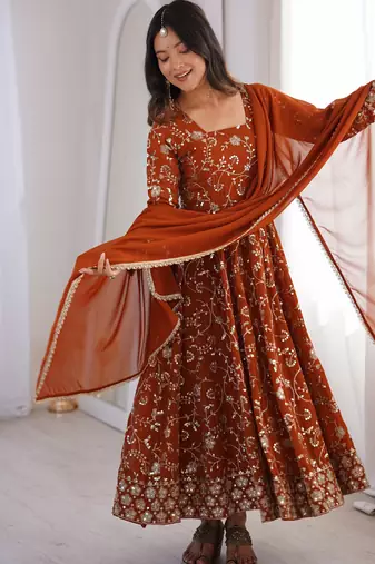 Heavy faux georgette and heavy embroidery sequence  work rust readymade ethnic gown