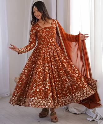 Heavy faux georgette and heavy embroidery sequence  work rust readymade ethnic gown 3