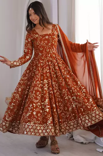 Heavy faux georgette and heavy embroidery sequence  work rust readymade ethnic gown