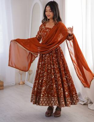 Heavy faux georgette and heavy embroidery sequence  work rust readymade ethnic gown 4