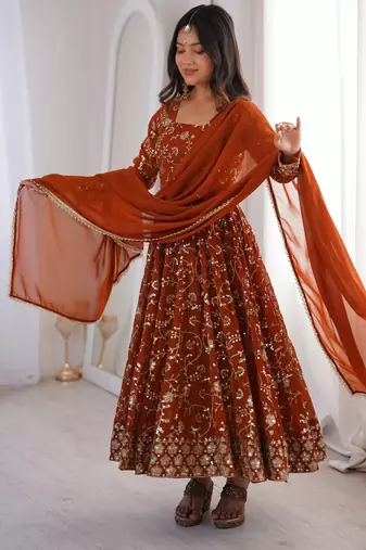 Heavy faux georgette and heavy embroidery sequence  work rust readymade ethnic gown