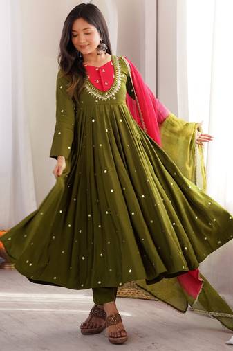 Trendy  roman  silk embroidery sequence  and mirror work olive green readymade ethnic gown