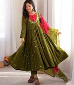 Trendy  roman  silk embroidery sequence  and mirror work olive green readymade ethnic gown