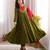 Trendy  roman  silk embroidery sequence  and mirror work olive green readymade ethnic gown