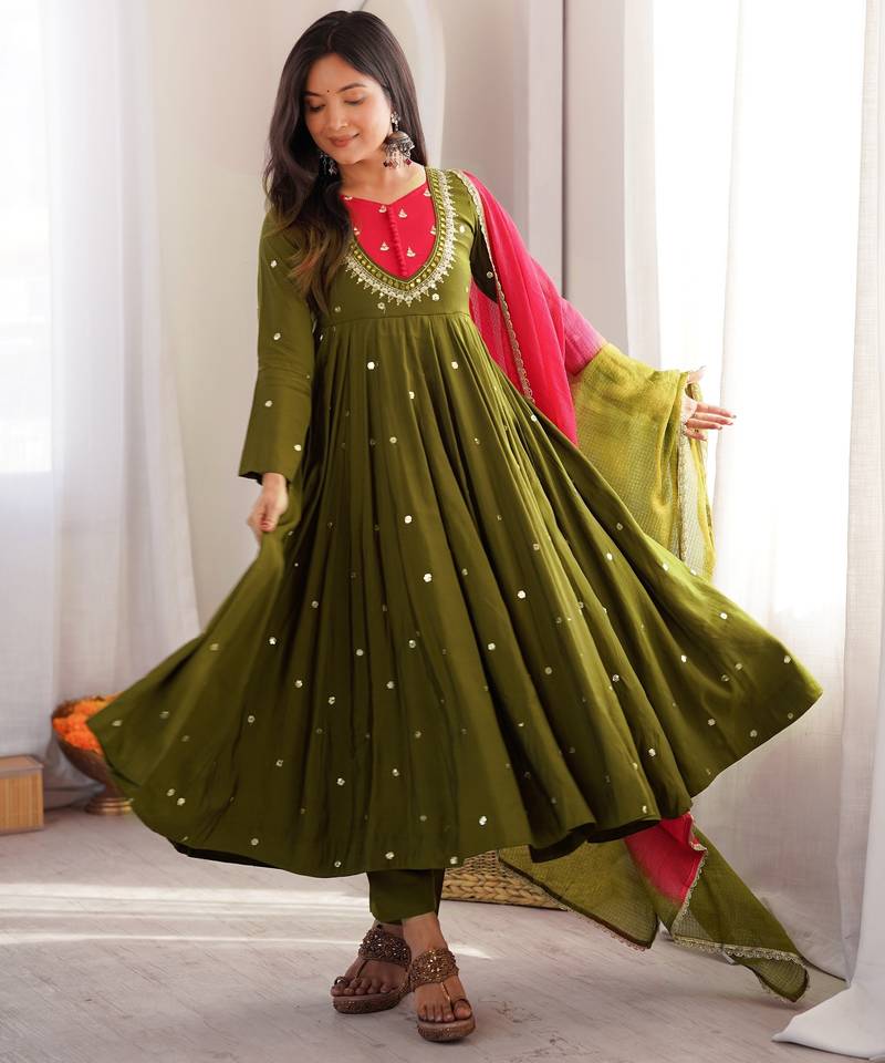 Trendy  roman  silk embroidery sequence  and mirror work olive green readymade ethnic gown