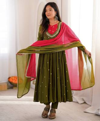 Trendy  roman  silk embroidery sequence  and mirror work olive green readymade ethnic gown 2
