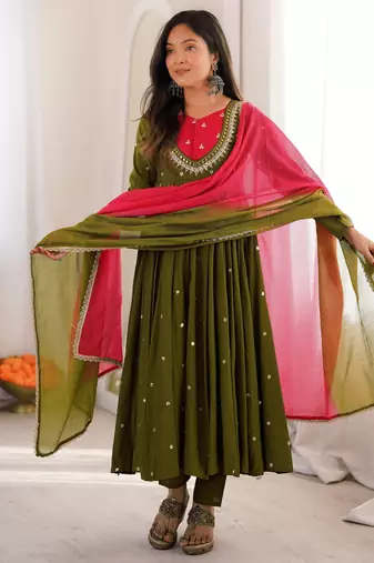 Trendy  roman  silk embroidery sequence  and mirror work olive green readymade ethnic gown