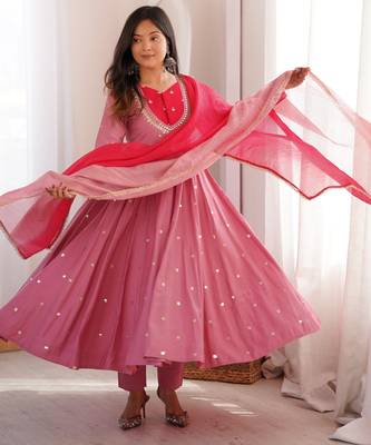 Trendy  roman  silk embroidery sequence  and mirror work pink readymade ethnic gown 1