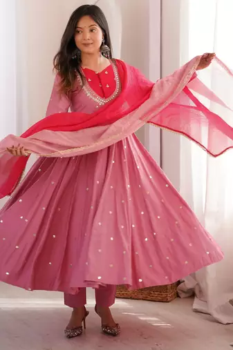 Trendy  roman  silk embroidery sequence  and mirror work pink readymade ethnic gown