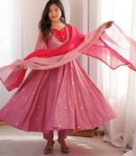 Trendy  roman  silk embroidery sequence  and mirror work pink readymade ethnic gown