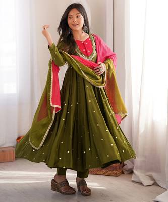 Trendy  roman  silk embroidery sequence  and mirror work olive green readymade ethnic gown 3