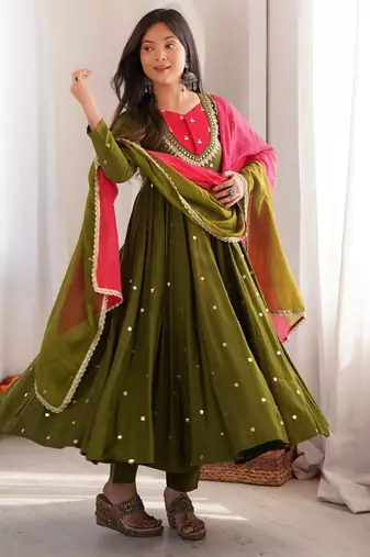 Trendy  roman  silk embroidery sequence  and mirror work olive green readymade ethnic gown
