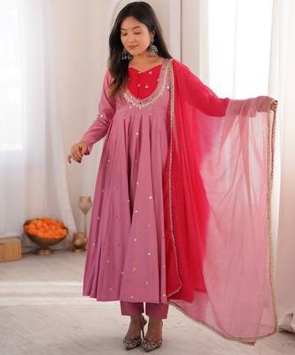 Trendy  roman  silk embroidery sequence  and mirror work pink readymade ethnic gown 2