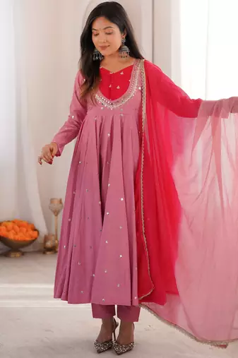 Trendy  roman  silk embroidery sequence  and mirror work pink readymade ethnic gown