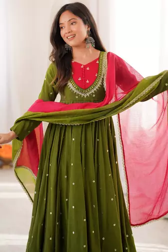 Trendy  roman  silk embroidery sequence  and mirror work olive green readymade ethnic gown