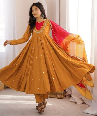 Trendy  roman  silk embroidery sequence  and mirror work musterd yellow readymade ethnic gown 1