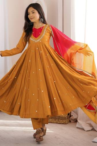 Trendy  roman  silk embroidery sequence  and mirror work musterd yellow readymade ethnic gown