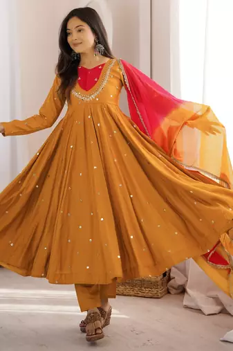 Trendy  roman  silk embroidery sequence  and mirror work musterd yellow readymade ethnic gown