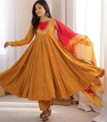 Trendy  roman  silk embroidery sequence  and mirror work musterd yellow readymade ethnic gown