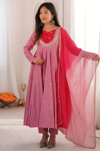 Trendy  roman  silk embroidery sequence  and mirror work pink readymade ethnic gown