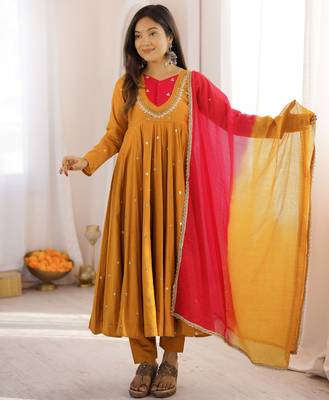 Trendy  roman  silk embroidery sequence  and mirror work musterd yellow readymade ethnic gown 2