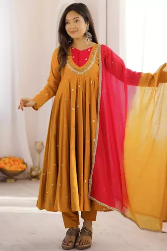 Trendy  roman  silk embroidery sequence  and mirror work musterd yellow readymade ethnic gown