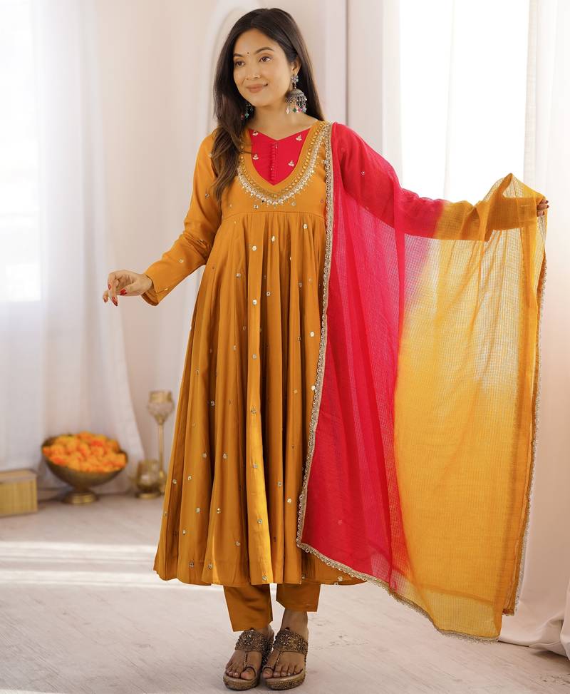 Trendy  roman  silk embroidery sequence  and mirror work musterd yellow readymade ethnic gown