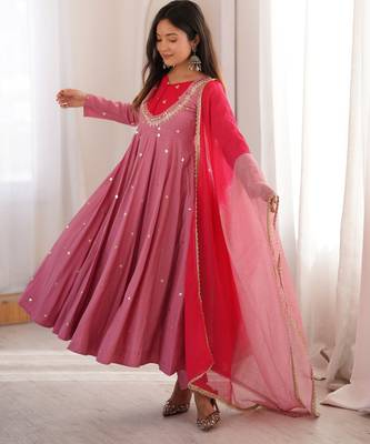 Trendy  roman  silk embroidery sequence  and mirror work pink readymade ethnic gown 4