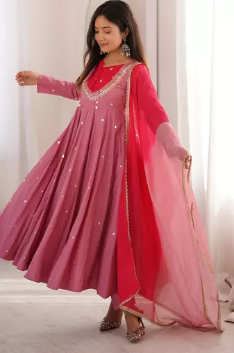 Trendy  roman  silk embroidery sequence  and mirror work pink readymade ethnic gown