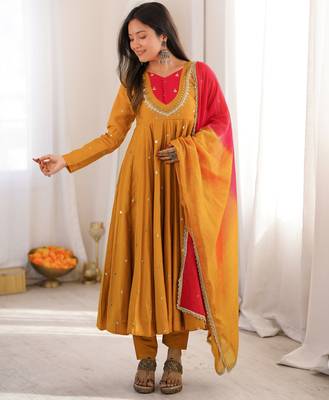Trendy  roman  silk embroidery sequence  and mirror work musterd yellow readymade ethnic gown 3