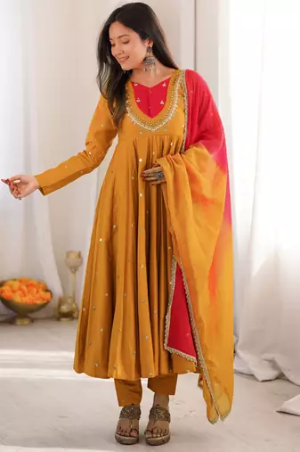 Trendy  roman  silk embroidery sequence  and mirror work musterd yellow readymade ethnic gown