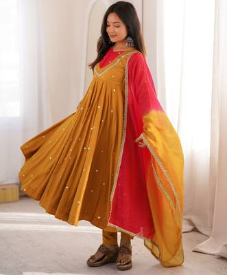 Trendy  roman  silk embroidery sequence  and mirror work musterd yellow readymade ethnic gown 4