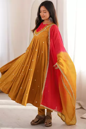 Trendy  roman  silk embroidery sequence  and mirror work musterd yellow readymade ethnic gown