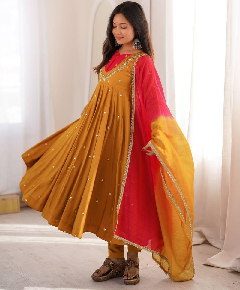 Trendy  roman  silk embroidery sequence  and mirror work musterd yellow readymade ethnic gown