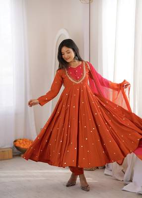 Trendy  roman  silk embroidery sequence  and mirror work rust readymade ethnic gown 1