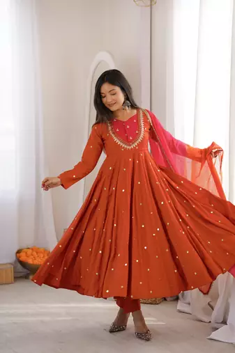 Trendy  roman  silk embroidery sequence  and mirror work rust readymade ethnic gown