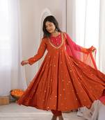 Trendy  roman  silk embroidery sequence  and mirror work rust readymade ethnic gown