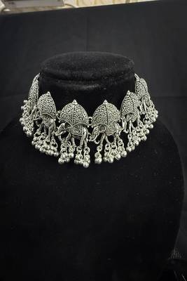 Oxidised Silver Elephant Choker Necklace Set with Earrings for Women, Traditional Tribal Navratri Garba Jewellery 1