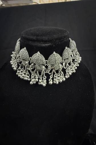 Oxidised Silver Elephant Choker Necklace Set with Earrings for Women, Traditional Tribal Navratri Garba Jewellery