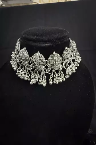 Oxidised Silver Elephant Choker Necklace Set with Earrings for Women, Traditional Tribal Navratri Garba Jewellery