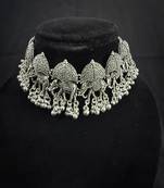 Oxidised Silver Elephant Choker Necklace Set with Earrings for Women, Traditional Tribal Navratri Garba Jewellery